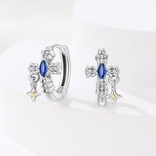 PANDACH Sterling Silver Vintage Tiny Cross Huggie Hoop Earrings For Women Mens