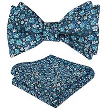 Mens Floral Self-tied Bow Tie with Pocket Square Colorful 045-black teal white