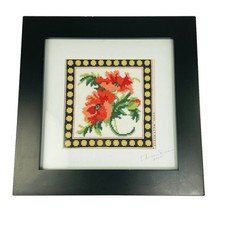 Vintage Floral Needlepoint Cross Stitch Flower Wall Art Decor Black Frame u