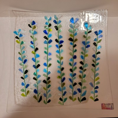 Fused Art Glass Blooming Branches  Square Platter Plate Tray Shakuf Design 11½''