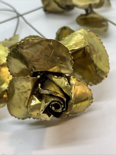 Brass Bronze Long Stem Roses Metal Art Flower Brutalist Style 12” Six Vintage - Picture 4 of 24