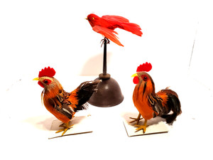 Two ROOSTERS and one CARDINAL figure made with real feathers