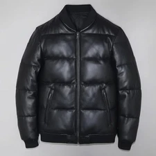 Mens Black Genuine Leather Lambskin Bomber Quilted Down Puffer leather Jacket