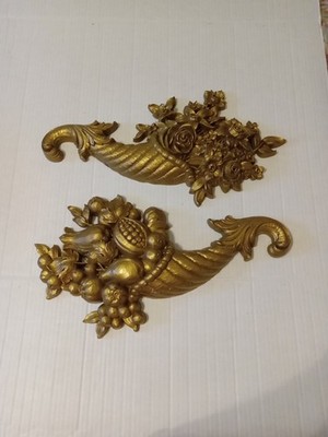 Set Of 2 Vintage Gold Color Dart Cornucopia Wall Plaques.  Each Are 16 Inches...
