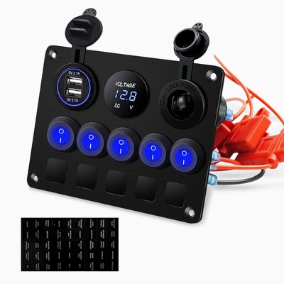 Waterproof 5 Gang Boat Switch Panel Blue LED 12V Voltmeter USB Charger Socket