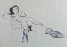 Weiblicher Akt Tuschezeichnung nach Egon Schiele liegend weiblicher Akt Beine auseinander 1914