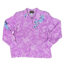 VTG Bob Mackie Wearable Art 100 Silk Floral Print Button Up Blouse Purple Blue
