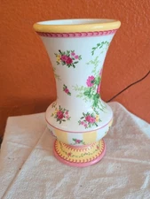 Laura Ashley FTD Ceramic 9" Tall Pink/Yellow/Green Floral Flared Pedestal Vase