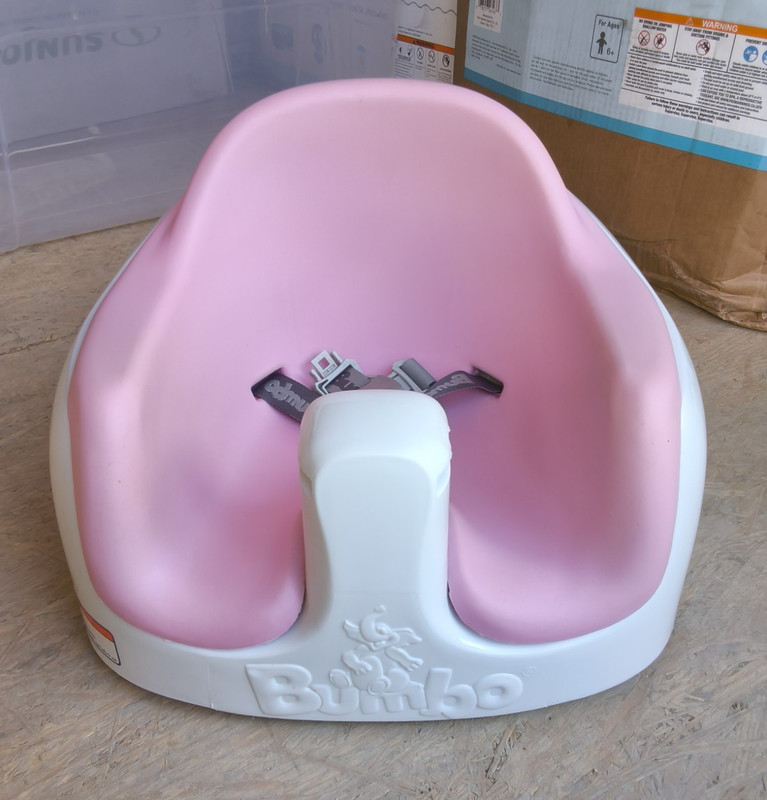 Bumbo Baby Booster Seat Floor Seat with Safety Harness, Pink/White