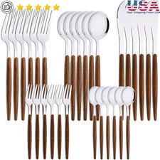 30Piece Stainless Steel Cutlery Set Imitation Wood Handle Durable Utensils New