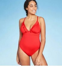 NWT Shade Shore Women's M Red Ruffle Front One Piece Swimsuit Strap Tie Back