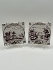 Antique 18th Century Delft Tiles w Holders - Houses by the River - Set of 2