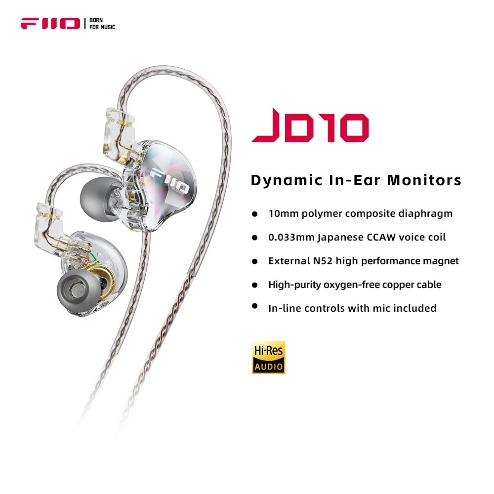 FiiO JD10 Wired Earphone HIFI Stereo Bass Music Earbuds In Ear