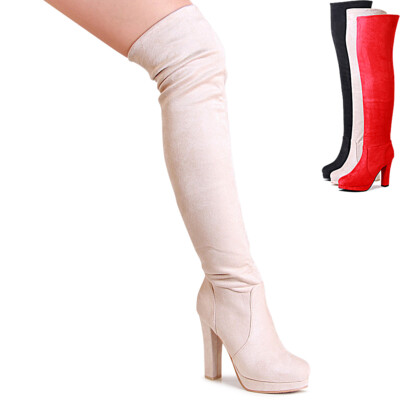 Damen Overknee Stiefel Plateau Overknees Velours Boots Krempelschaft