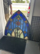 MARGAR antique painted and fired stained glass arch window 37 x 41W￼
