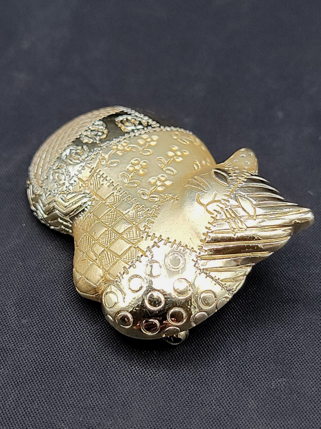 Cat Brooch Floral Patchwork Pattern Gold Tone Fas… - image 5