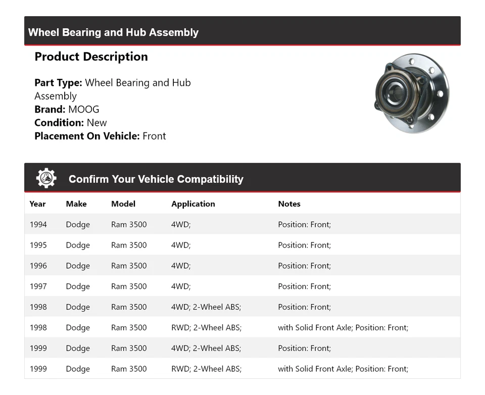 Подшипник колеса и ступица в сборе передние для Dodge Ram 3500 1994-1999 годов выпуска MOOG 1994 1995 - Изображение 2 из 4
