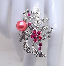 R001 Large Flower fuchsia Pearl Rhinestone silver tone adjustable fashion Ring