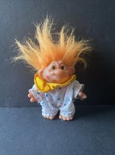 1986 DAM Troll Doll in Polka Dot Clown Suit Orange Hair Amber Eyes Rosy Cheeks