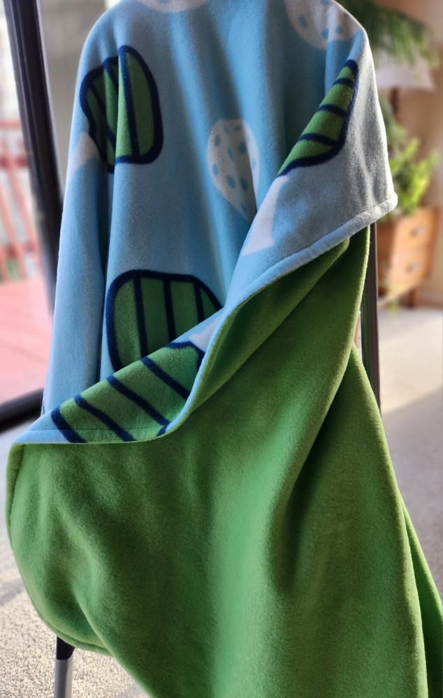 Pickleball Print Fleece Throw Blanket 48" x 60" Blue Reversible to Solid Green
