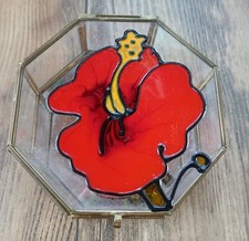 Vintage Hibiscus Brass Glass Mirrored Stained Jewery Trinket Box Flower