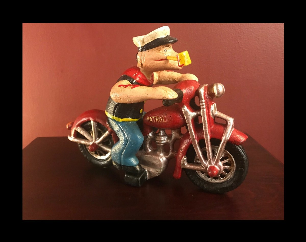 VINTAGE POPEYE THE SAILOR MAN ON MOTORCYCLE HAND PAINTED CAST IRON