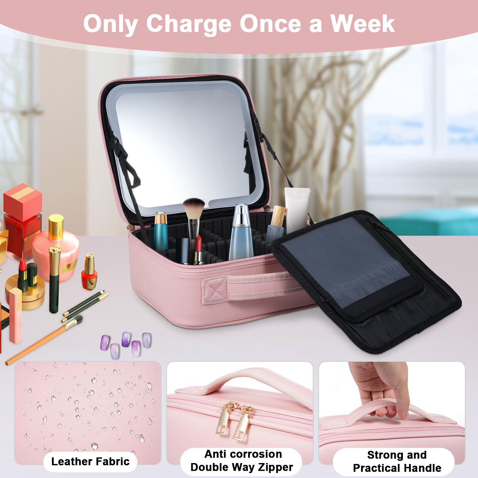 Adjustable Makeup Bag Organizer with Built-In Mirror and Multiple Compartments O7S2-image