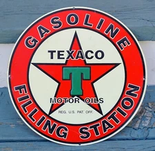 Texaco Gasoline Filling Station Vintage Sign Round 10 3/4" Motor Oils Embossed
