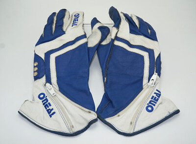 Vintage O'NEAL Leather Rivet Palm Motocross Racing Gloves Blue & White - Small