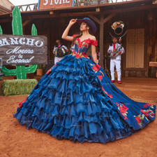 Mexico Blue Off The Shoulder Ball Gown Quinceanera Dress Satin Beaded Sweet 15