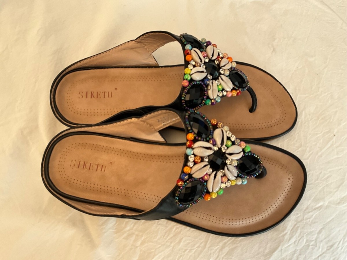 NEW SIKETU BLACK BEADED SANDALS THONG FLIP FLOPS SLIDE SIZE 9/40