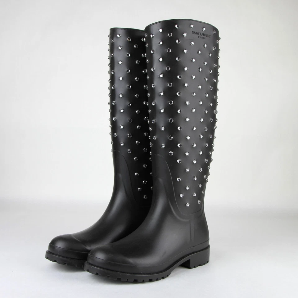 Botas de lluvia Saint Laurent para mujer de goma negras con tachuelas de cristal 427307 1000 Foto 2 de 4