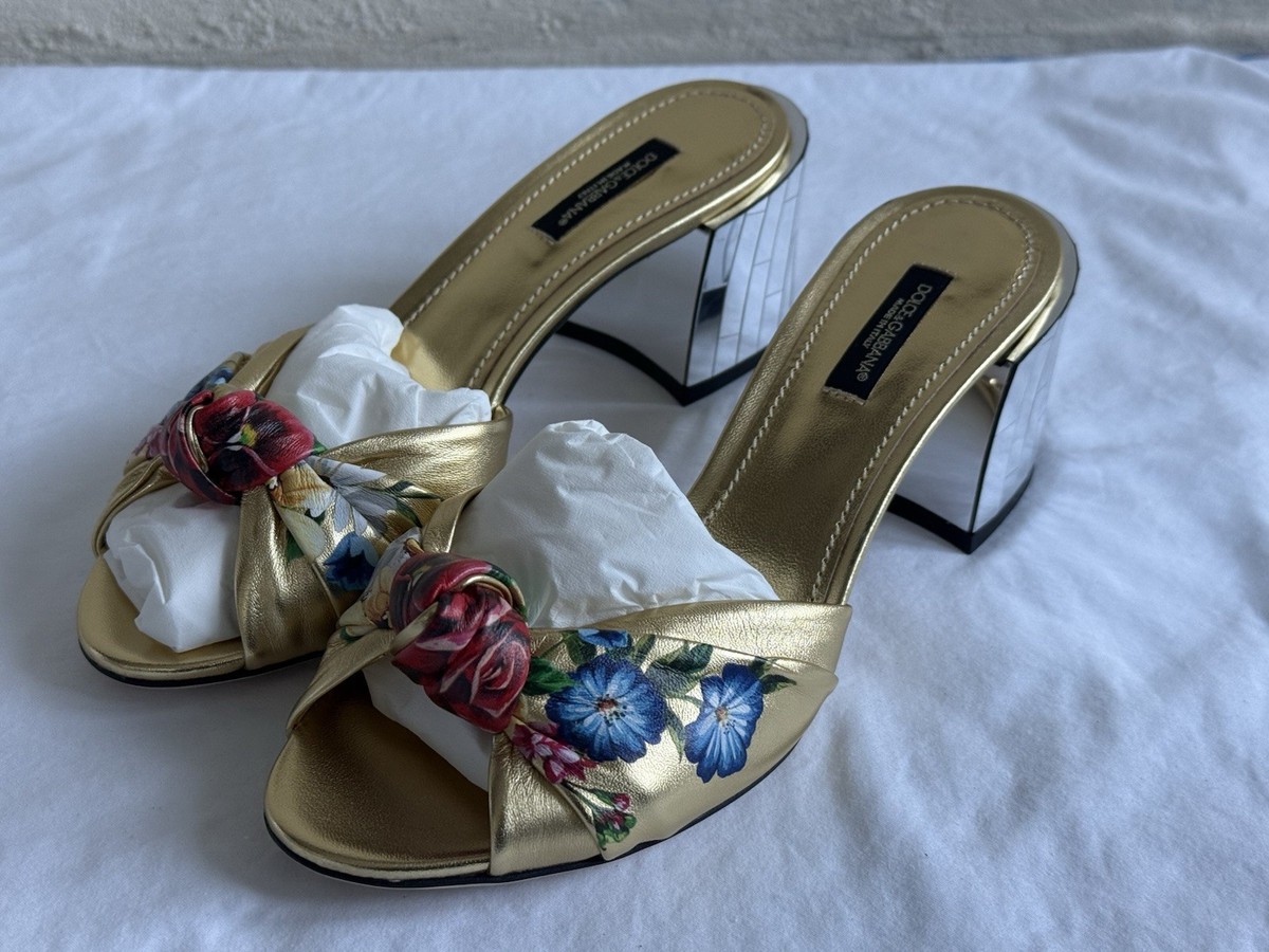 NEW Dolce & Gabbana GOLD Floral Keira Mirrored Block Heels Mules