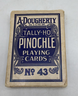 Vtg Deck A. Dougherty Tally Ho Playing Cards Pinochle No. 43 Blue Fanback Linoid