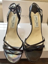 Jimmy Choo 081JAG Black Petrol Patent Strappy Heels Sandals EU 40.5 US 10