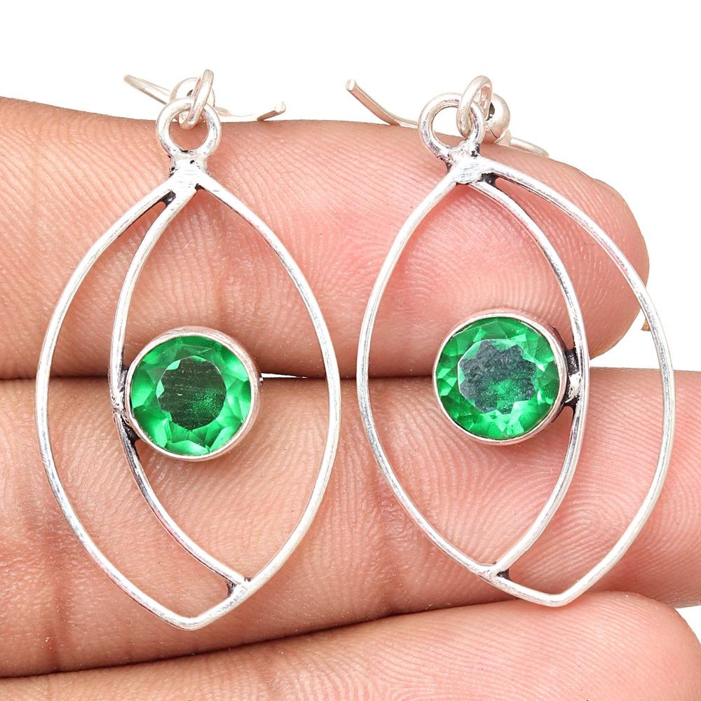 Emerald Quartz Gemstone Handmade Sterling Silver Dangle Earrings 1.5 Inch  