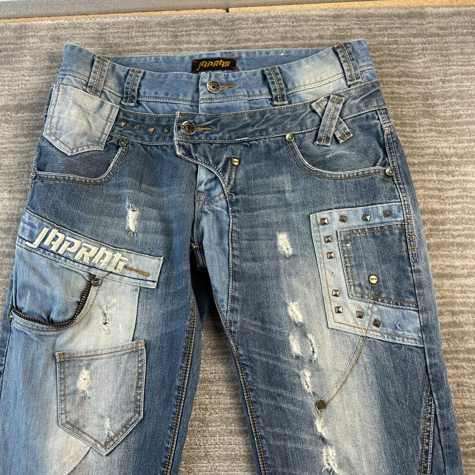 Pantalones de mezclilla Japrag para hombre 34x30 azules recortados Y2K tachonados botones mosca Foto 3 de 4