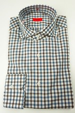 Isaia Napoli Blue Brown White Gingham Long Sleeve Cotton Shirt 15.5/39 NEW
