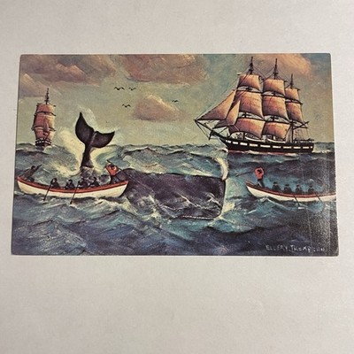 New England Whaling Harpooner Vintage Postcard Painting Mystic Connecticut