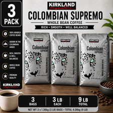 3-Pack Kirkland Signature Colombian Supremo Coffee, Whole Bean, 3 lbs