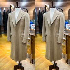 Peak Lapel Men's Long Jacket Cashmere Winter Casual Wear Overcoat Beige Coat