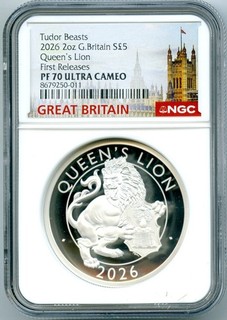 2026 GB 2 OZ ARGENTO PROOF NGC PF70 UCAM TUDOR BESTIE REGINE LEONE CONIO 450