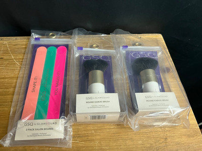 LOT OF 2 GSQ BY GLAMSQUAD ROUND KABUKI BRUSH NEW +3 PACK NAIL FILE SALON BOARDS