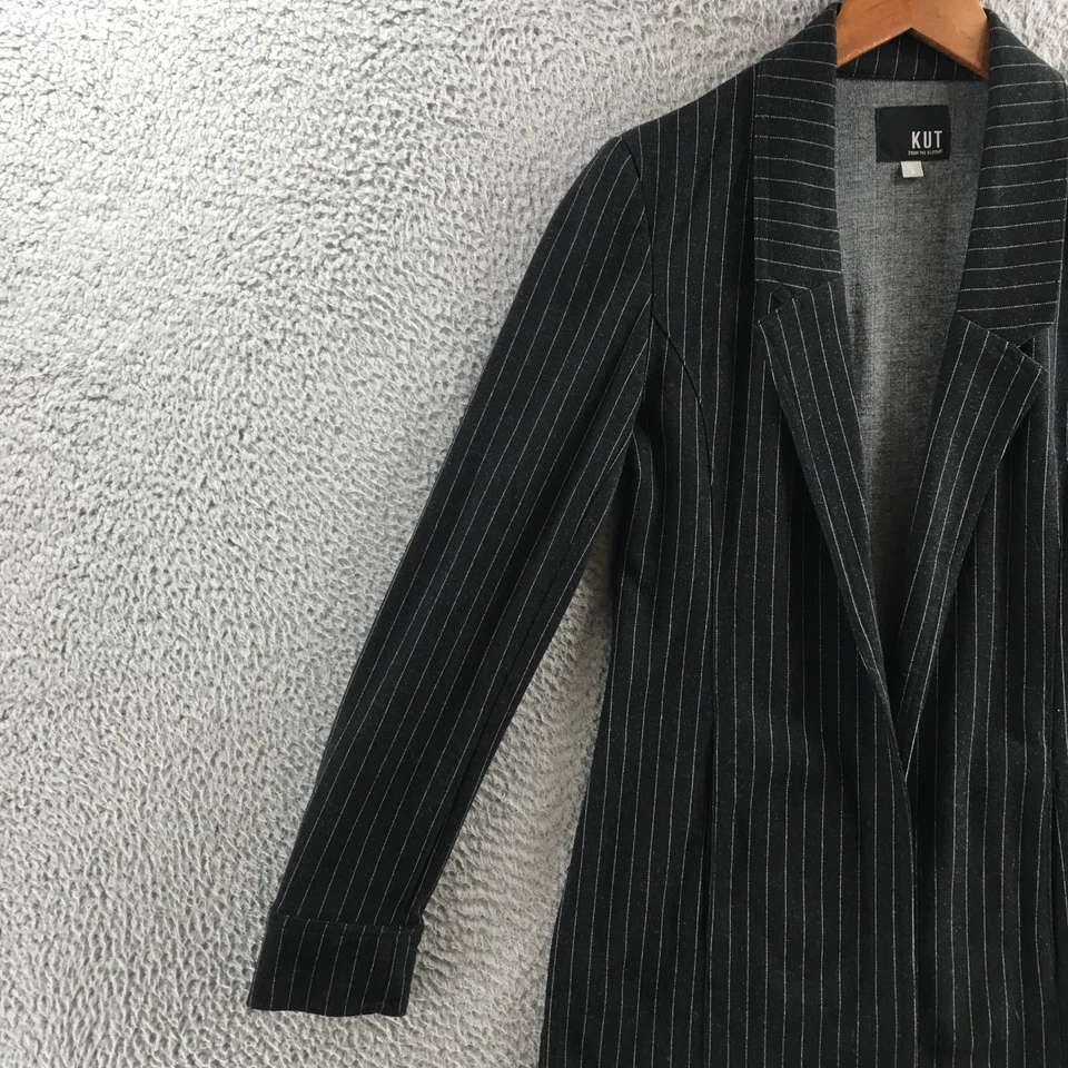 KUT From The Kloth Pinstripe Open Front Blazer Jacket Womens S Black Long Sleeve - Image 4 of 4