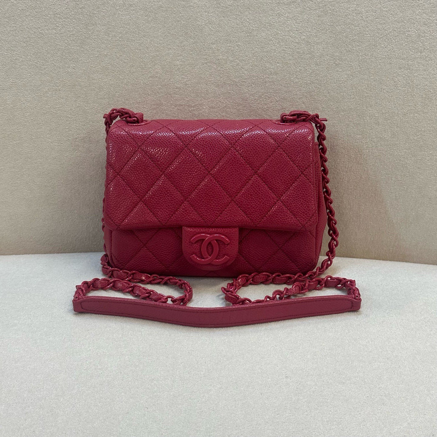 AUTHENTIC CHANEL Square Mini Flap Bag Pink Caviar Leather Acrylic CC  Crossbody