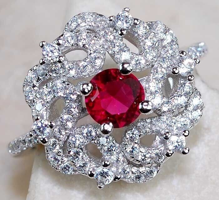 2CT Treated Ruby & White Topaz Sterling Silver Ring Size 6  