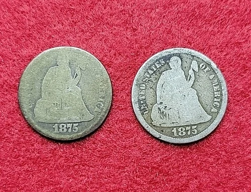 1875 Silver Seated Liberty 10c Ten Cents Lot Of 2 AG & Good