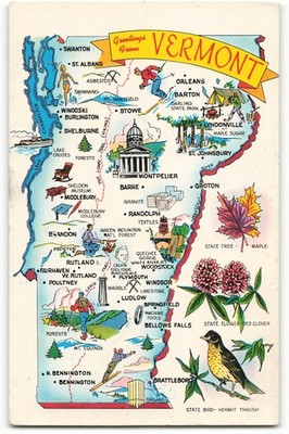 Greetings From Vermont showing multiple views VTG Postcard CC6.