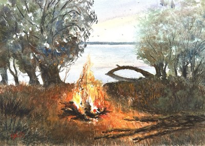 Original painting 12  x16   Evening bonfire by the river Decoration Art Land