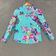 Ibkul Flora Golf Shirt Women's Medium Seafoam Multi Long Sleeve Zip Mock UPF 50 